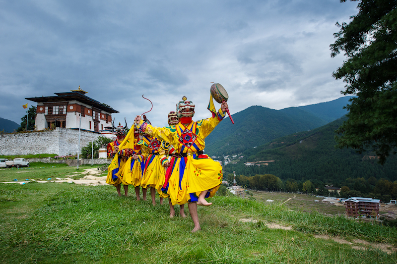 Costumed monk performs traditional dance in Tsechu festival at Thimphu Bhutan