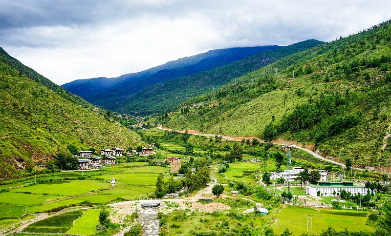  Mountain scenery with green valley in Thimphu, Bhutan, the southern slopes of the Eastern Himalayas