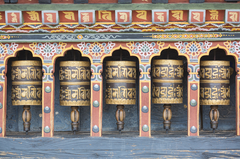 Prayer wheels, Chimi Lhakhang, Punakha, Bhutan