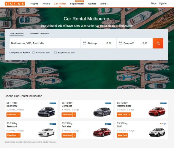 KAYAK Car Hire Melbourne search page