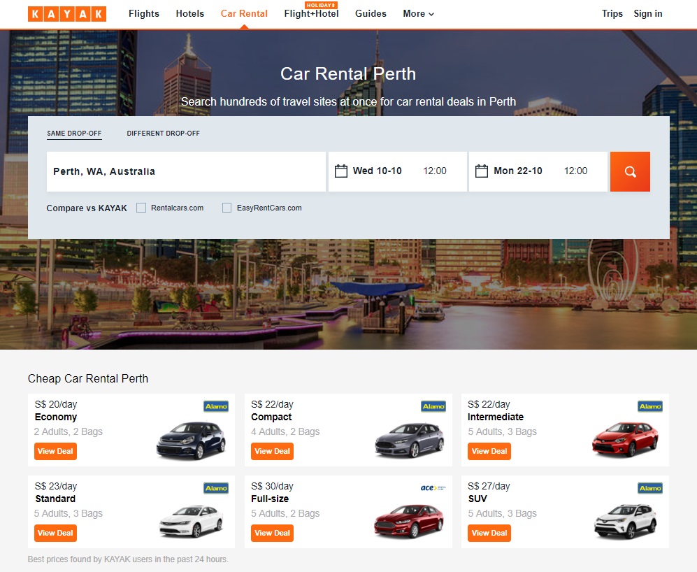 KAYAK car rental Perth search